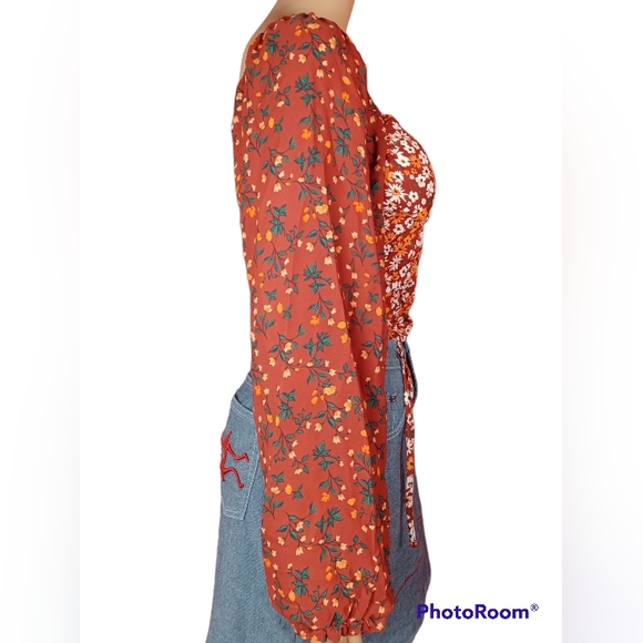 Madden NYC Orange Floral Bohemian Style Long Sleeve Blouse - Picture 3 of 6